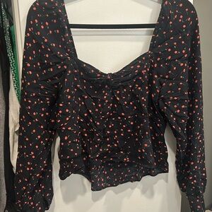 Free people vintage Long sleeve square neck black blouse with cherries